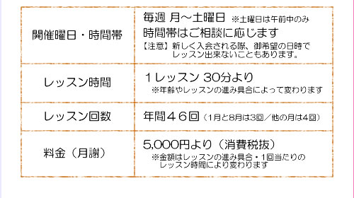 レッスンは毎週月〜金曜日・１レッスン３０分より・月謝は５０００円より